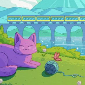 Portion of the album cover of Purrple Cat - Happy Place. Shows a cartoon cat laying in grass with a ball of yarn and a butterfly. A train is going across a bridge over water.