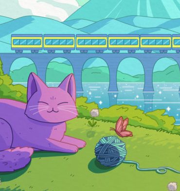 Portion of the album cover of Purrple Cat - Happy Place. Shows a cartoon cat laying in grass with a ball of yarn and a butterfly. A train is going across a bridge over water.