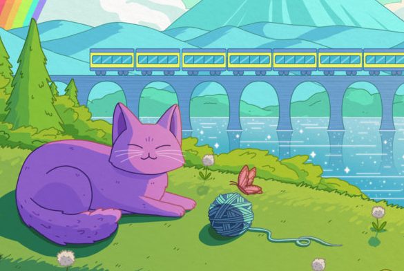 Portion of the album cover of Purrple Cat - Happy Place. Shows a cartoon cat laying in grass with a ball of yarn and a butterfly. A train is going across a bridge over water.