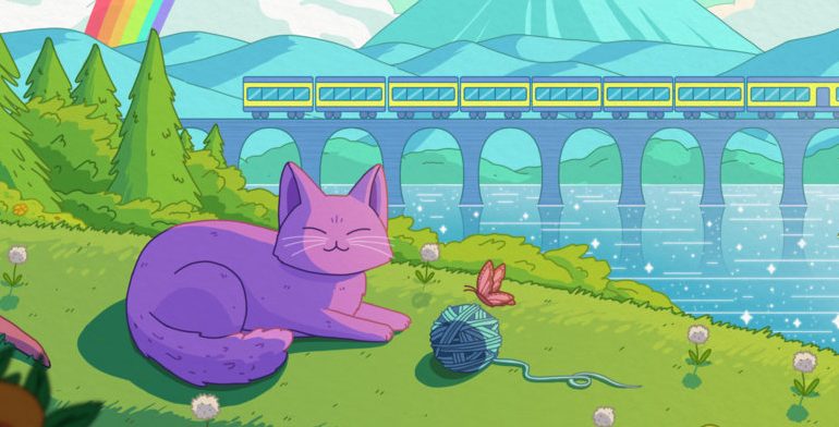 Portion of the album cover of Purrple Cat - Happy Place. Shows a cartoon cat laying in grass with a ball of yarn and a butterfly. A train is going across a bridge over water.